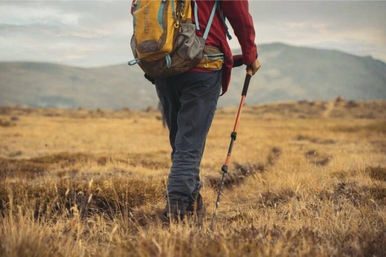 A person wearing a backpack and walking across a field using a best pair of trekking poles