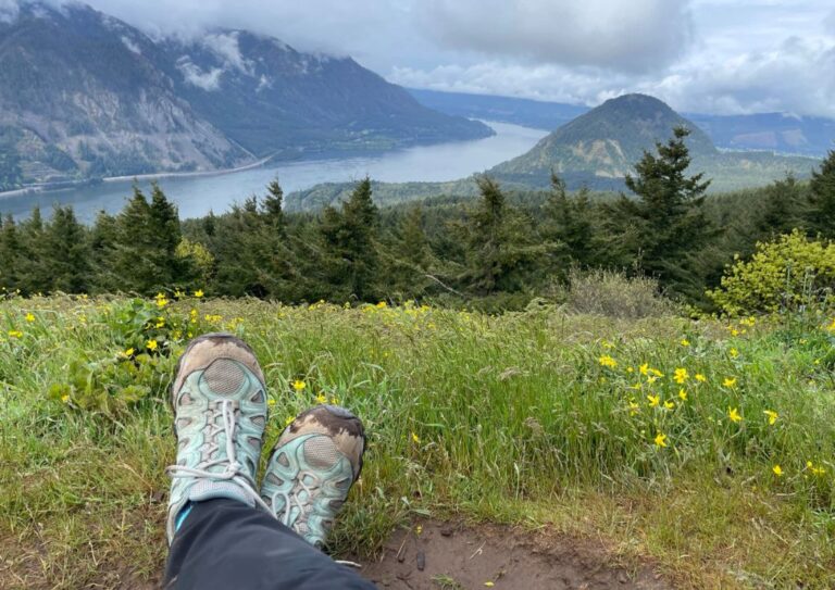My hiking shoes on some grass looking out in the Columbia River Gorge.