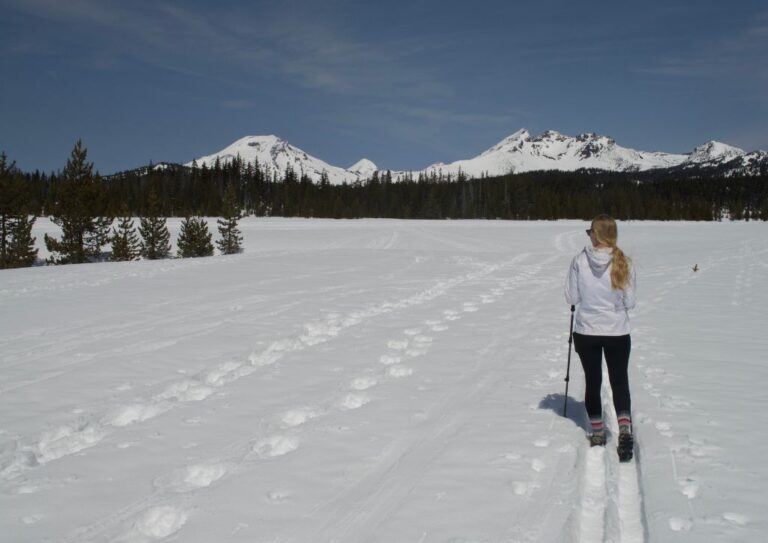Myself hiking on a winter trail suitable for beginners in Bend, Oregon.