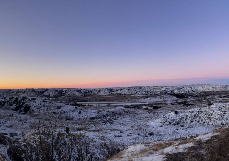 Sunrise over Theodore Roosevelt National Park as seem from hiking early in the morning.