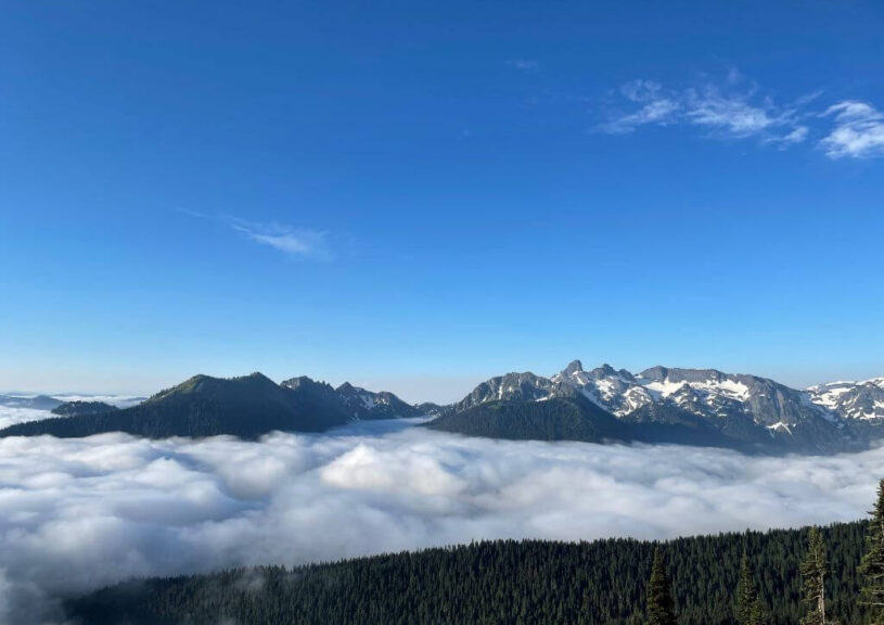 A cloud inversion over the mountains in Mount Rainier.