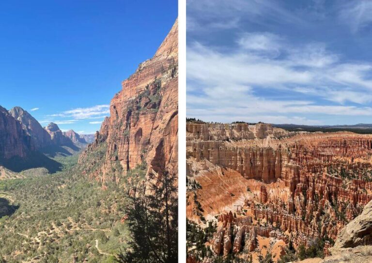 A split screen of Bryce Canyon vs Zion National Park, showing the landscape of the two parks.
