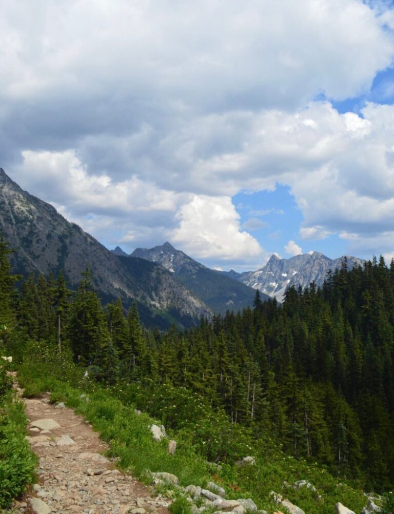 A hiking trail that leads into the mountains that can be done on a day trip from Seattle to North Cascade National Park.
